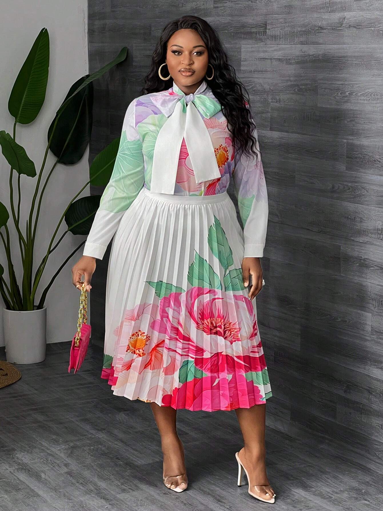 Elegant Floral Blouse & Pleated A-Line Skirt Suit