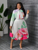 Elegant Floral Blouse & Pleated A-Line Skirt Suit