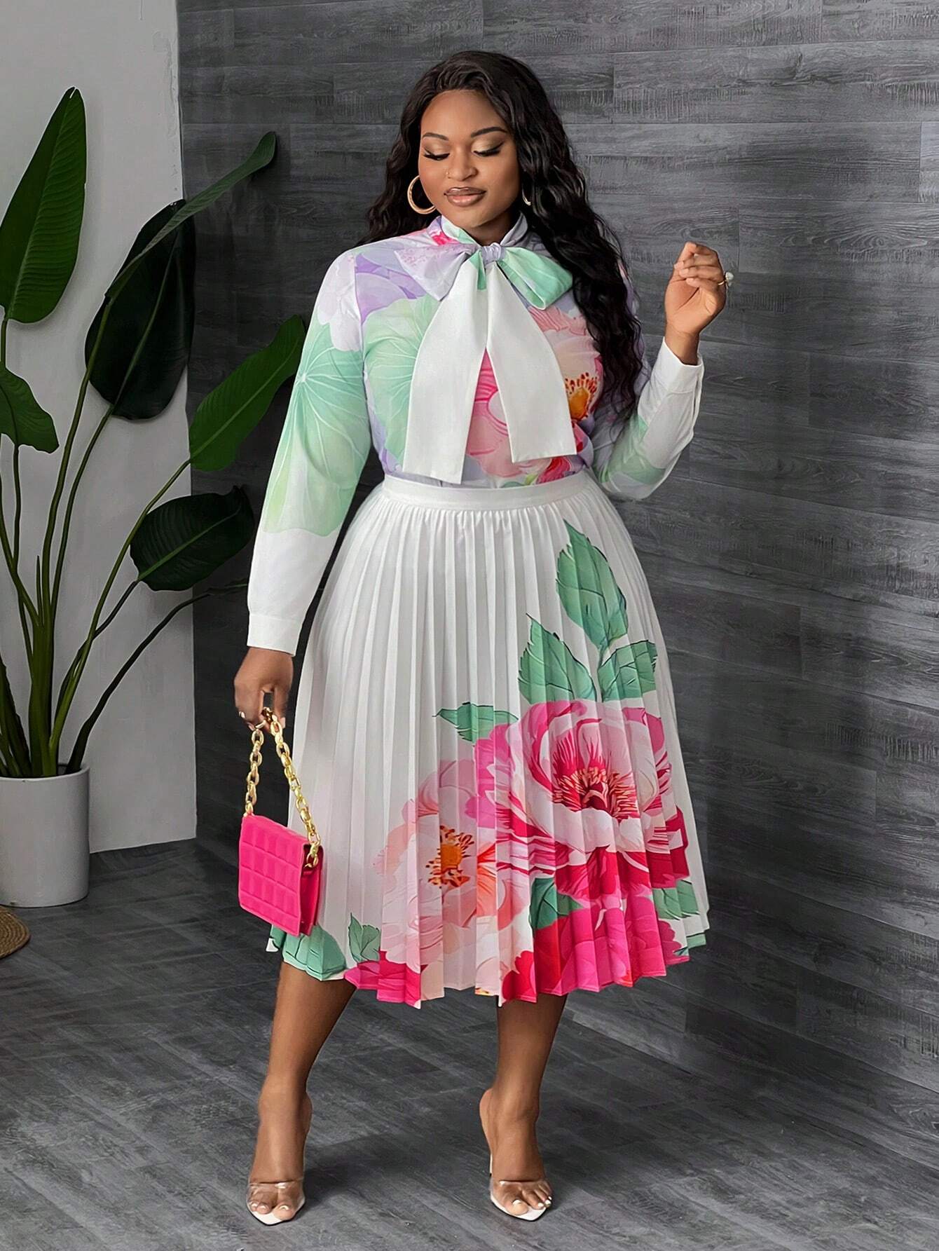 Elegant Floral Blouse & Pleated A-Line Skirt Suit