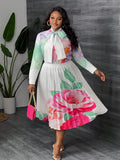 Elegant Floral Blouse & Pleated A-Line Skirt Suit