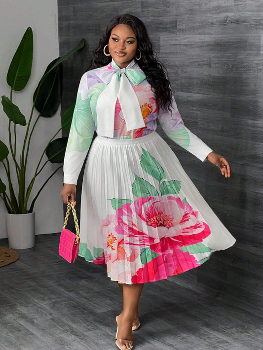 Elegant Floral Blouse & Pleated A-Line Skirt Suit