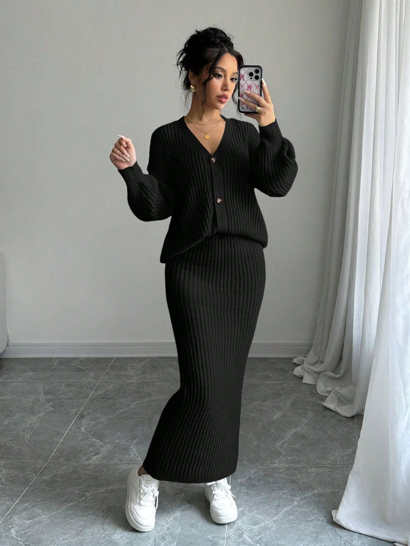 Plain Front Button Long Sleeve Casual Top And Skirt Set