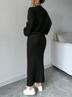 Plain Front Button Long Sleeve Casual Top And Skirt Set