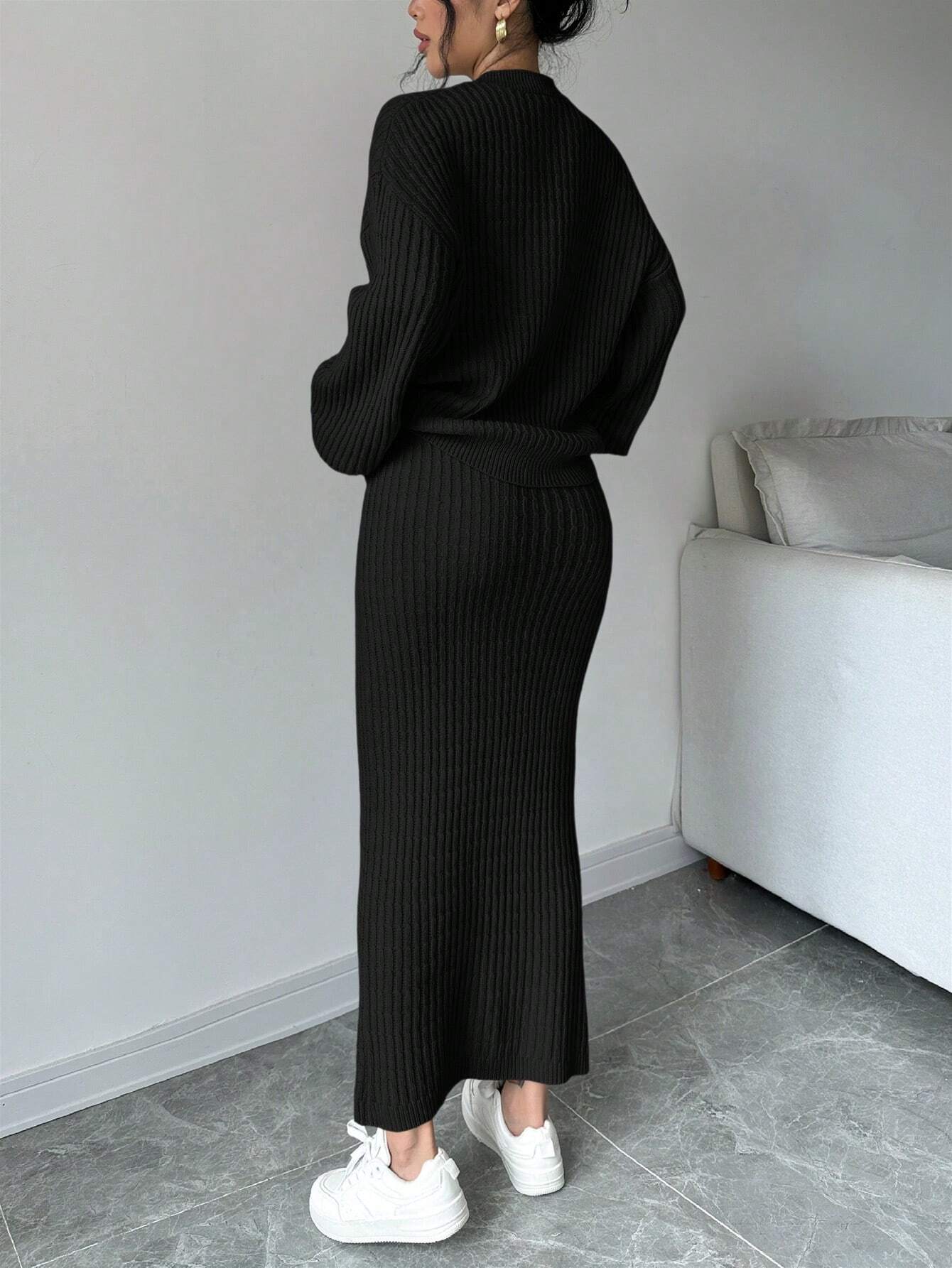 Plain Front Button Long Sleeve Casual Top And Skirt Set