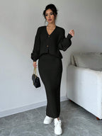 Plain Front Button Long Sleeve Casual Top And Skirt Set