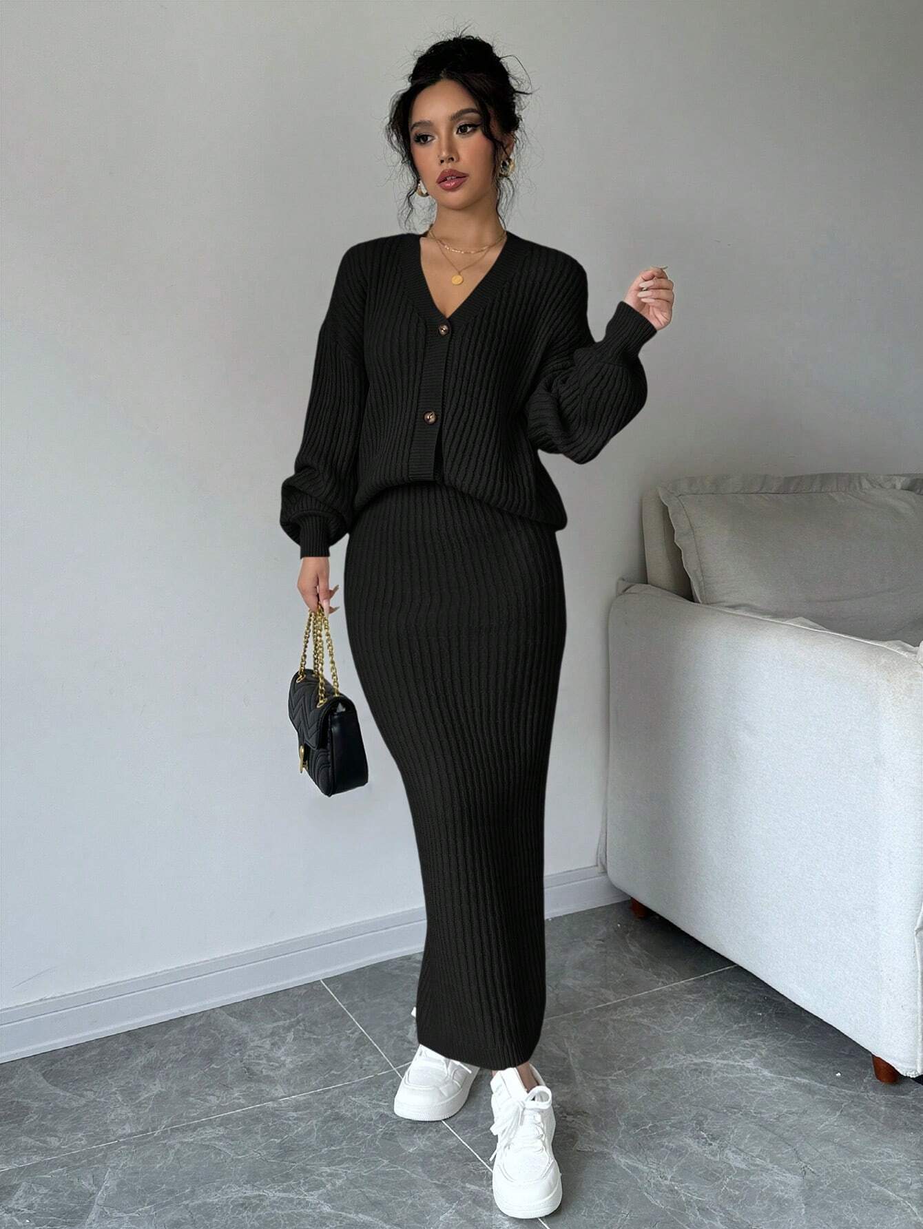 Plain Front Button Long Sleeve Casual Top And Skirt Set