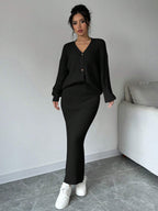 Plain Front Button Long Sleeve Casual Top And Skirt Set