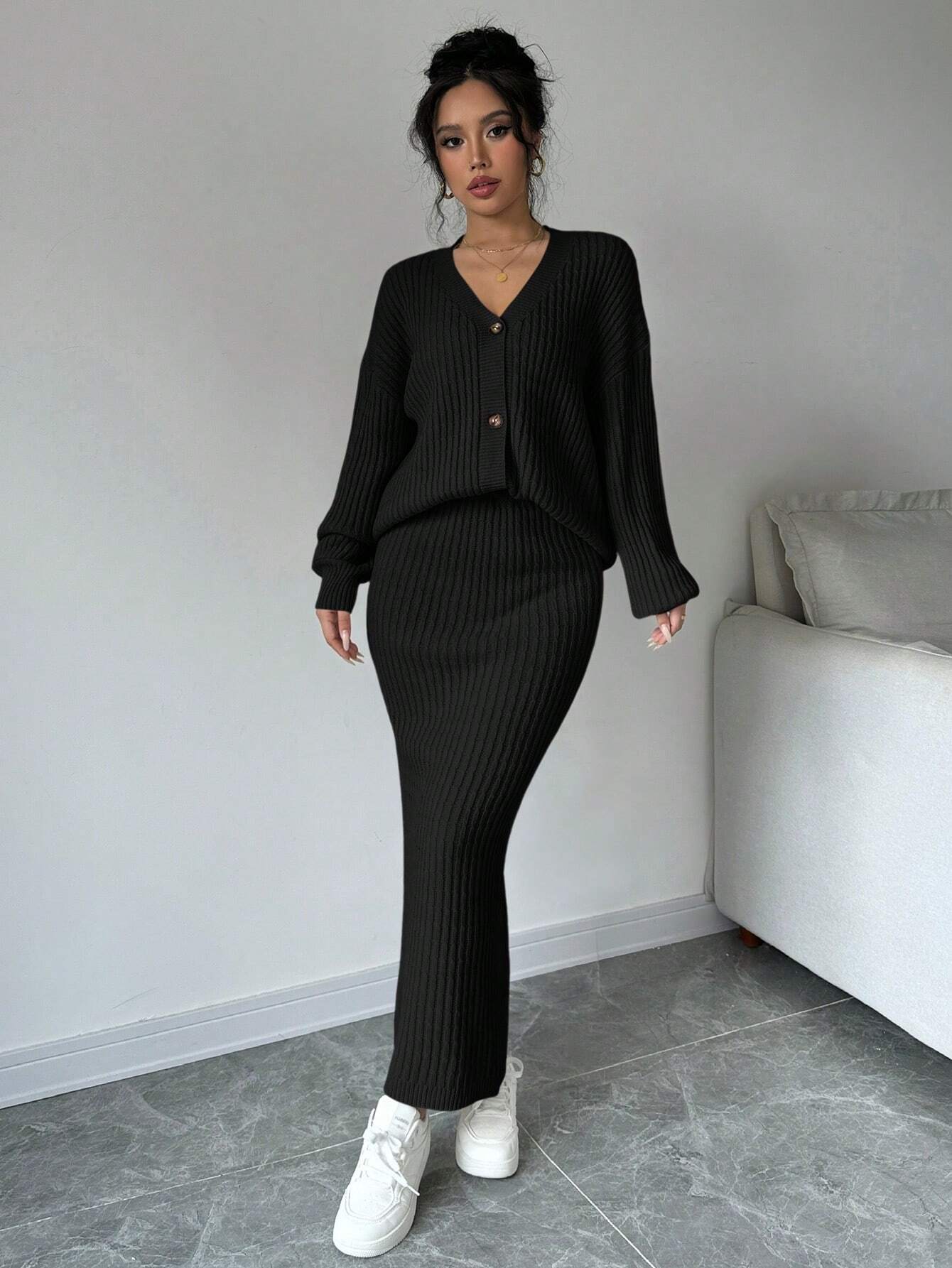 Plain Front Button Long Sleeve Casual Top And Skirt Set