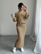 Plain Front Button Long Sleeve Casual Top And Skirt Set