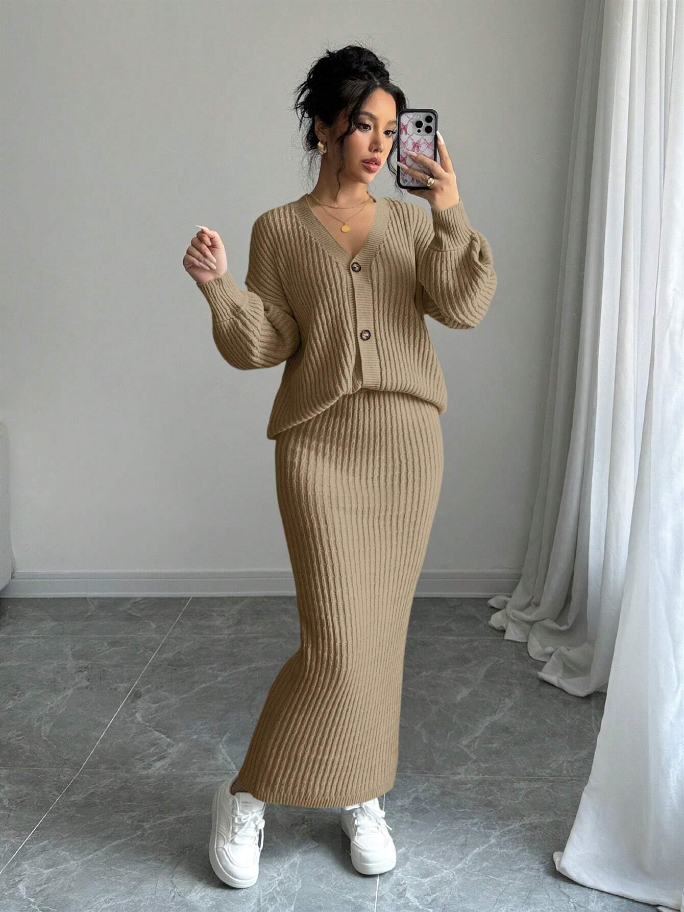 Plain Front Button Long Sleeve Casual Top And Skirt Set
