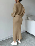Plain Front Button Long Sleeve Casual Top And Skirt Set