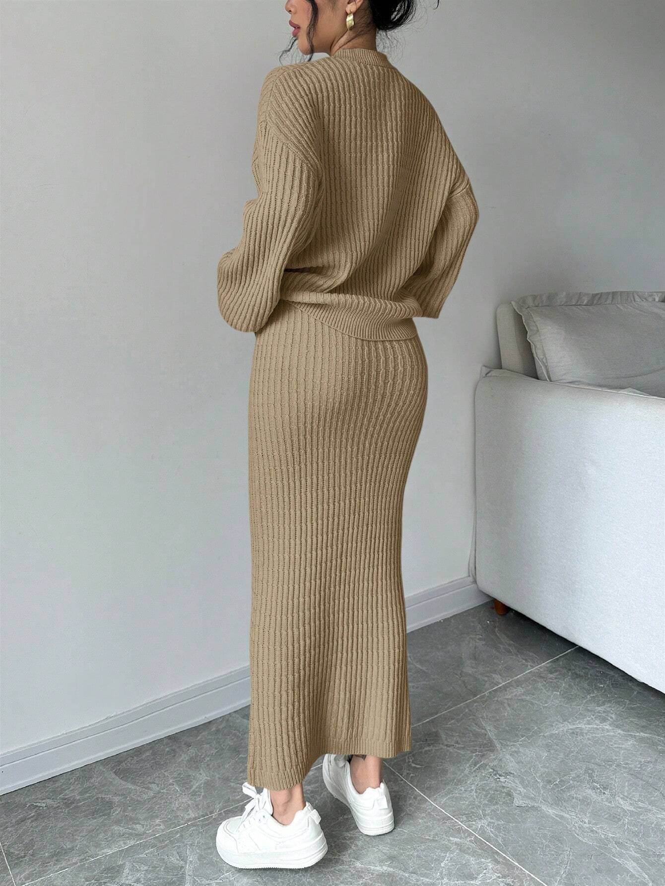 Plain Front Button Long Sleeve Casual Top And Skirt Set