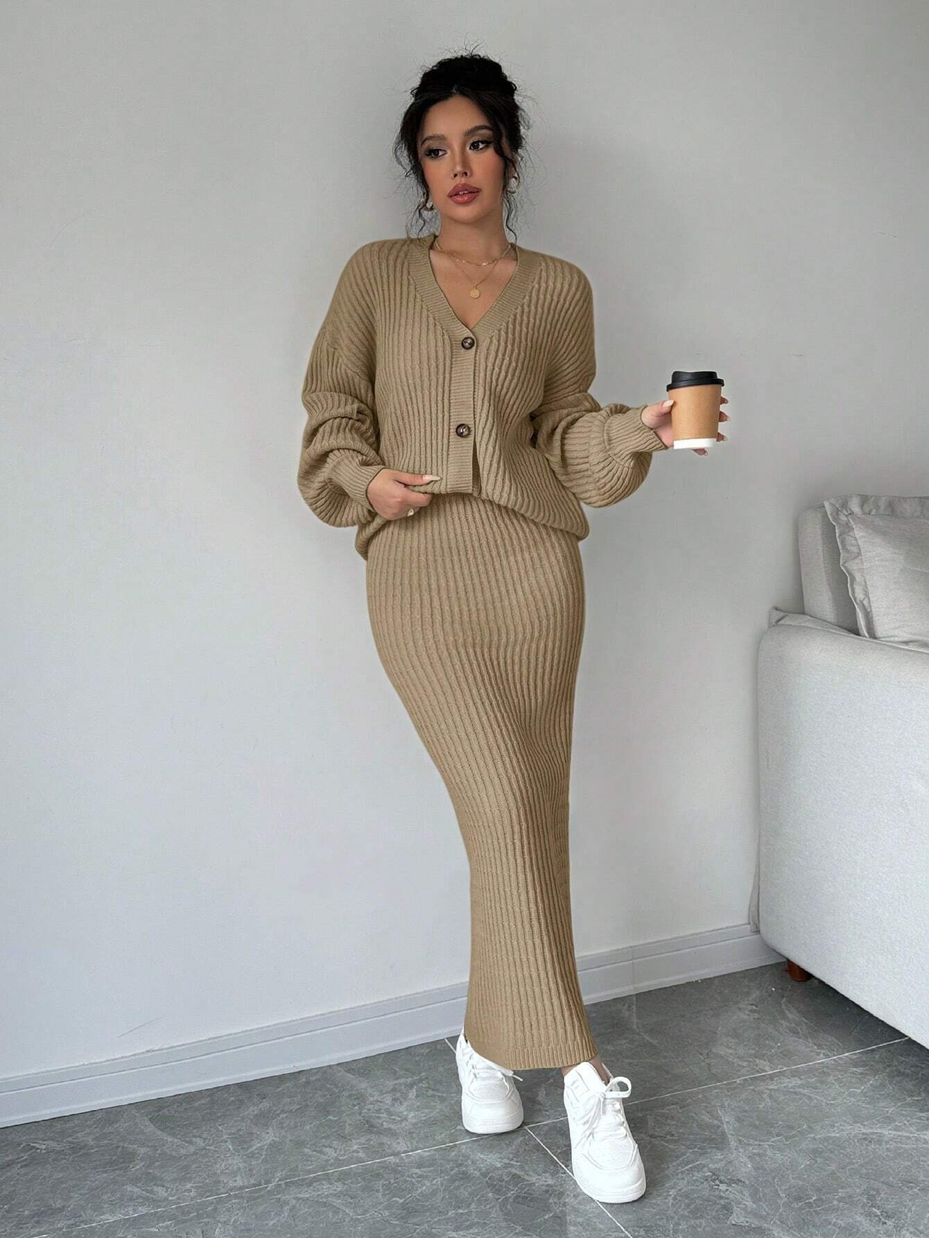 Plain Front Button Long Sleeve Casual Top And Skirt Set