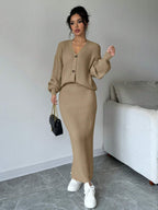 Plain Front Button Long Sleeve Casual Top And Skirt Set