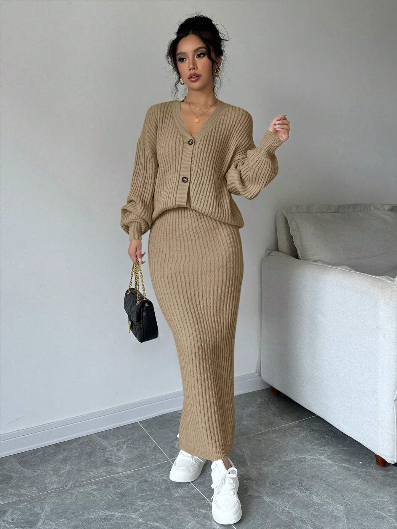 Plain Front Button Long Sleeve Casual Top And Skirt Set