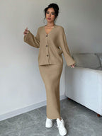 Plain Front Button Long Sleeve Casual Top And Skirt Set