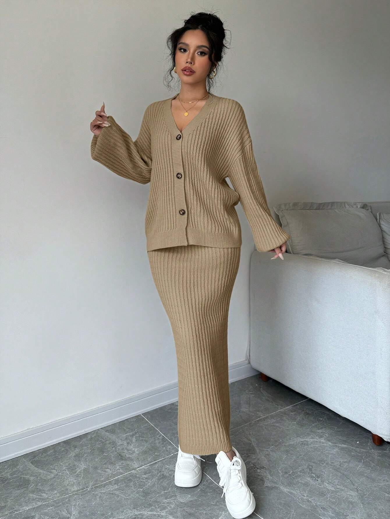 Plain Front Button Long Sleeve Casual Top And Skirt Set