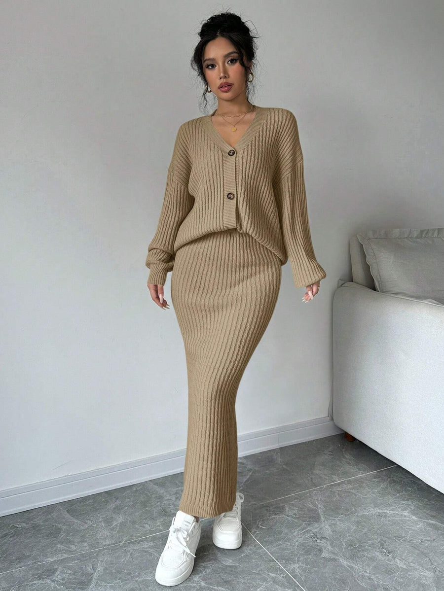 Plain Front Button Long Sleeve Casual Top And Skirt Set