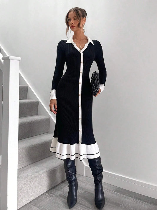 Knitted High Waisted Ruffle Hem Sweater Dress