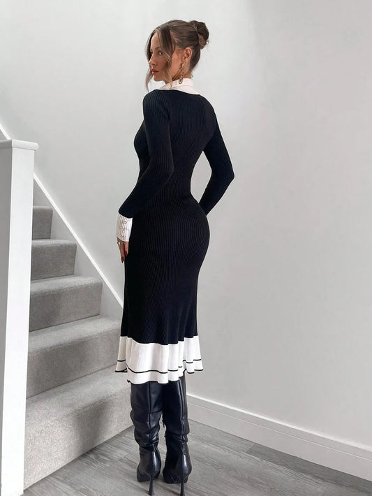 Knitted High Waisted Ruffle Hem Sweater Dress
