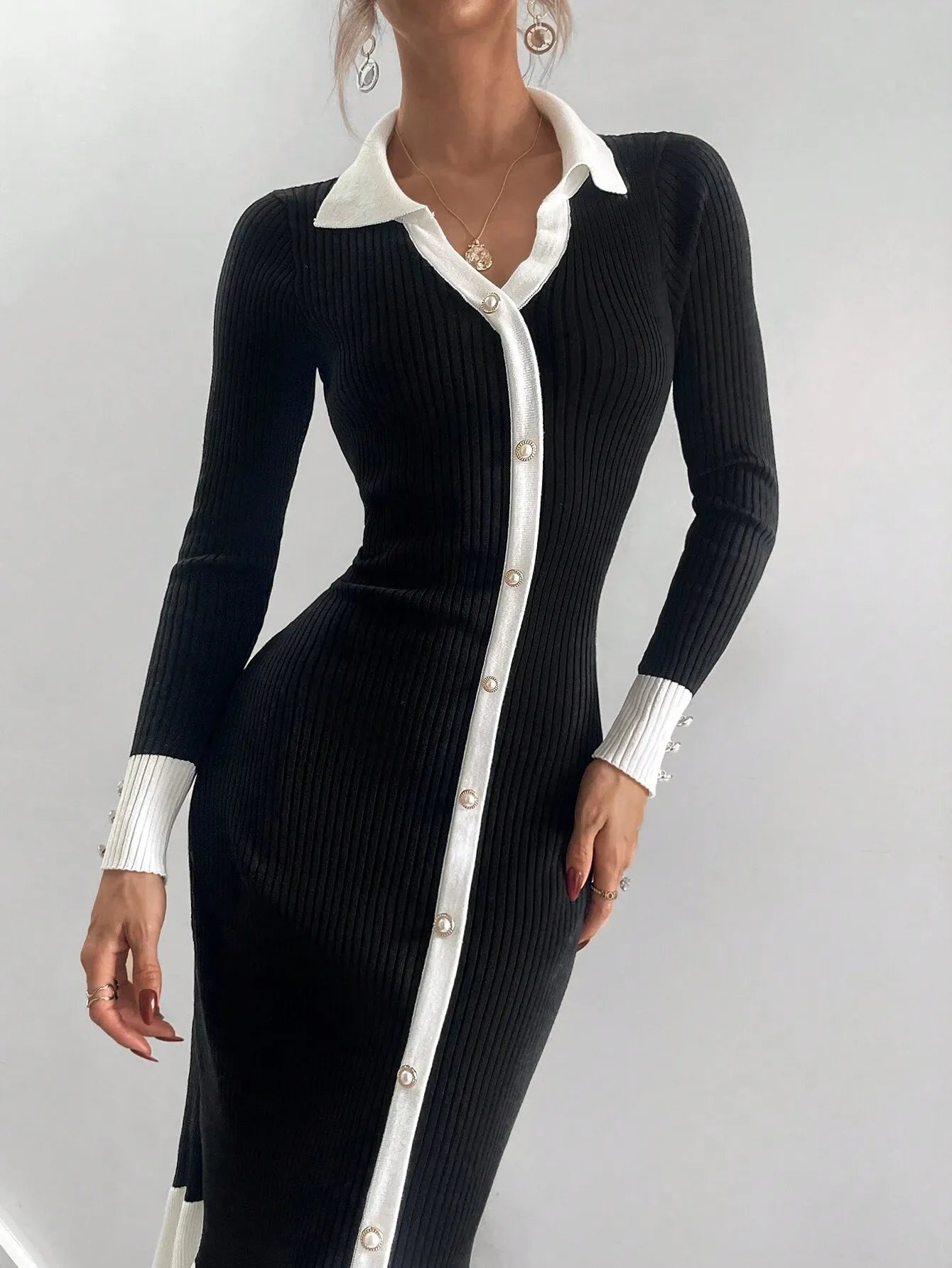 Knitted High Waisted Ruffle Hem Sweater Dress