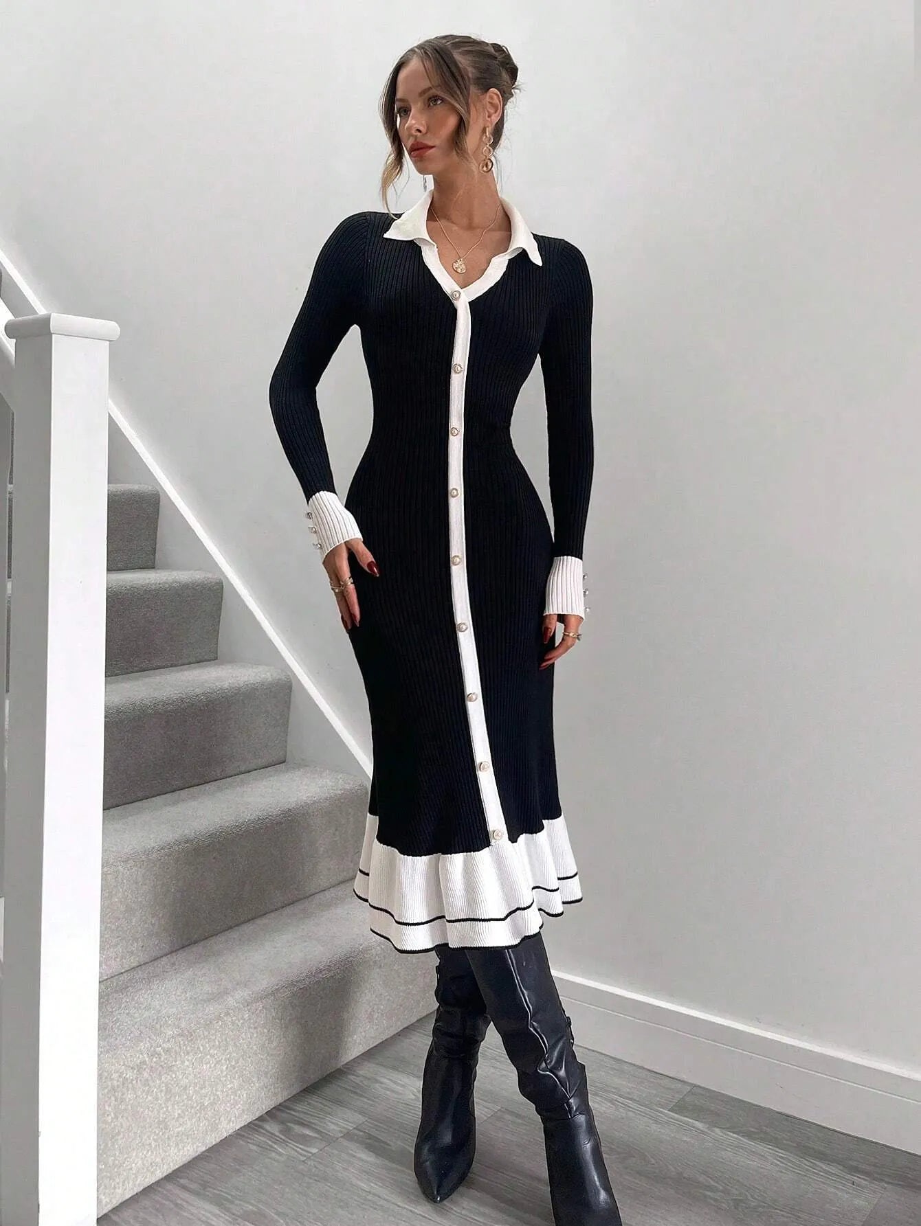 Knitted High Waisted Ruffle Hem Sweater Dress