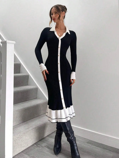 Knitted High Waisted Ruffle Hem Sweater Dress