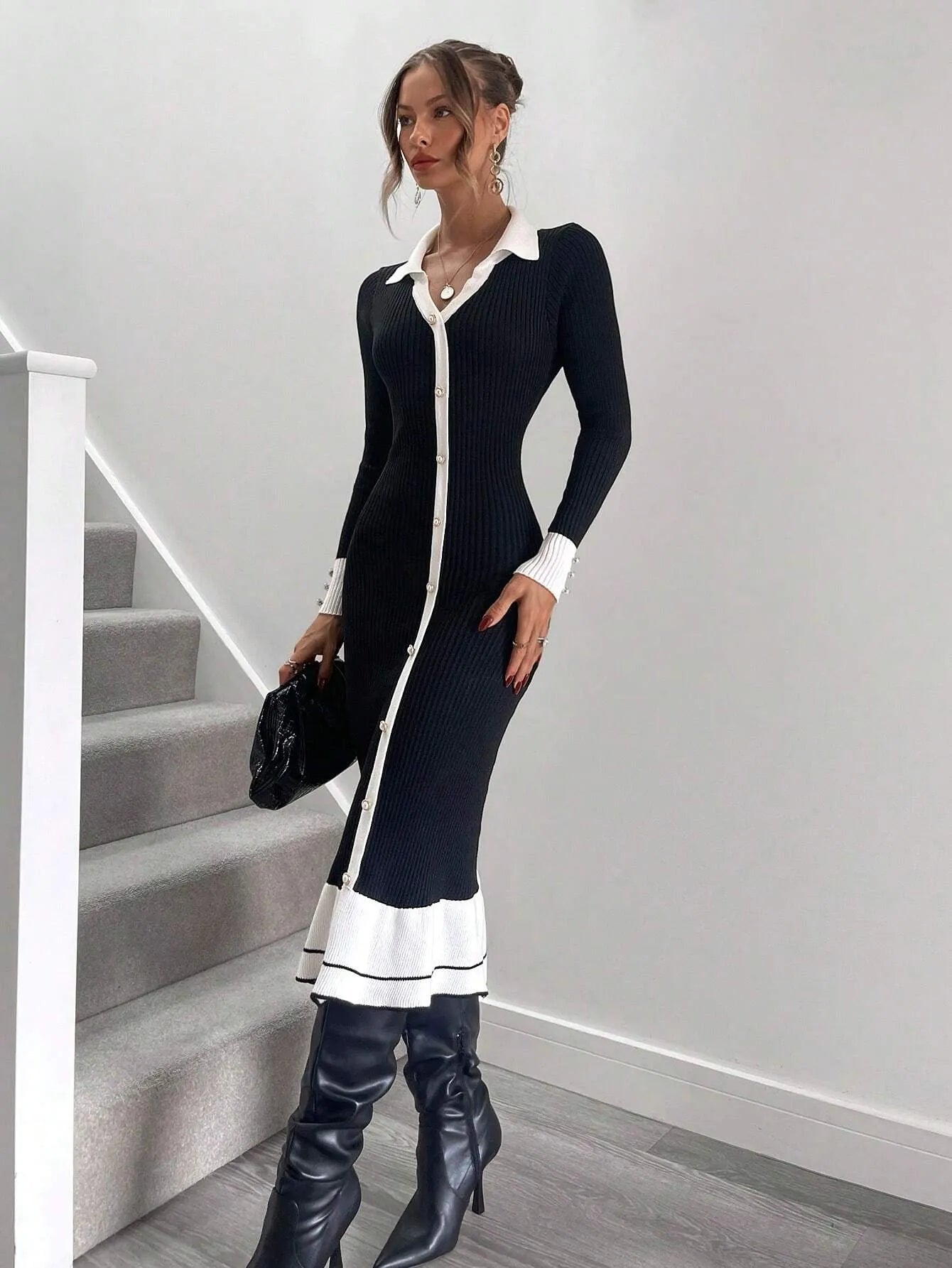 Knitted High Waisted Ruffle Hem Sweater Dress