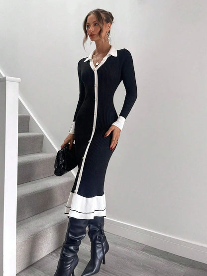 Knitted High Waisted Ruffle Hem Sweater Dress