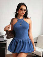 Pleated Simple Short Denim Dress