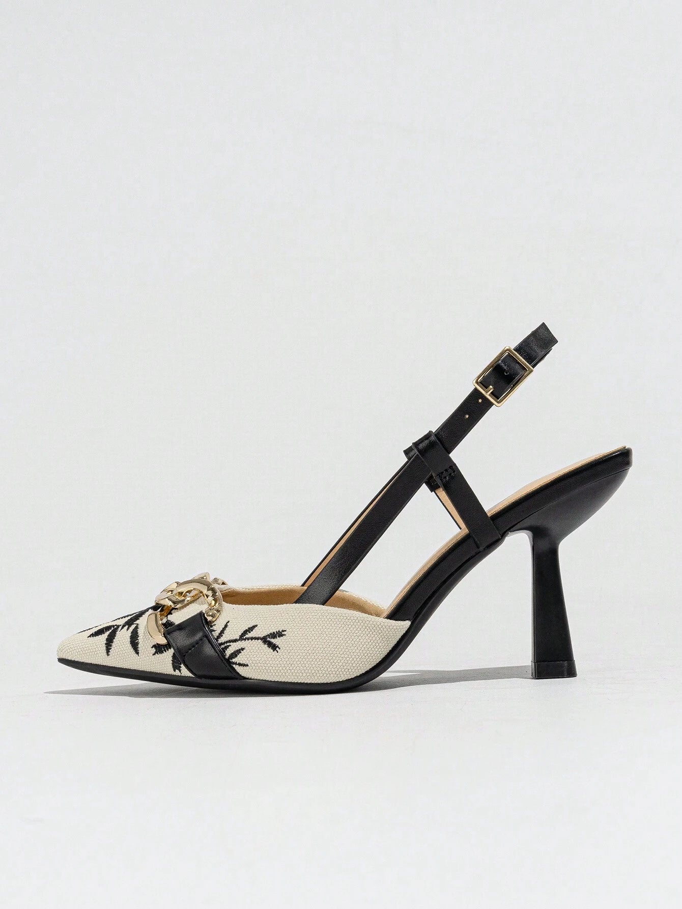 Elegant Embroidered Chain Pointed Toe Slip-On High Heel Sandals