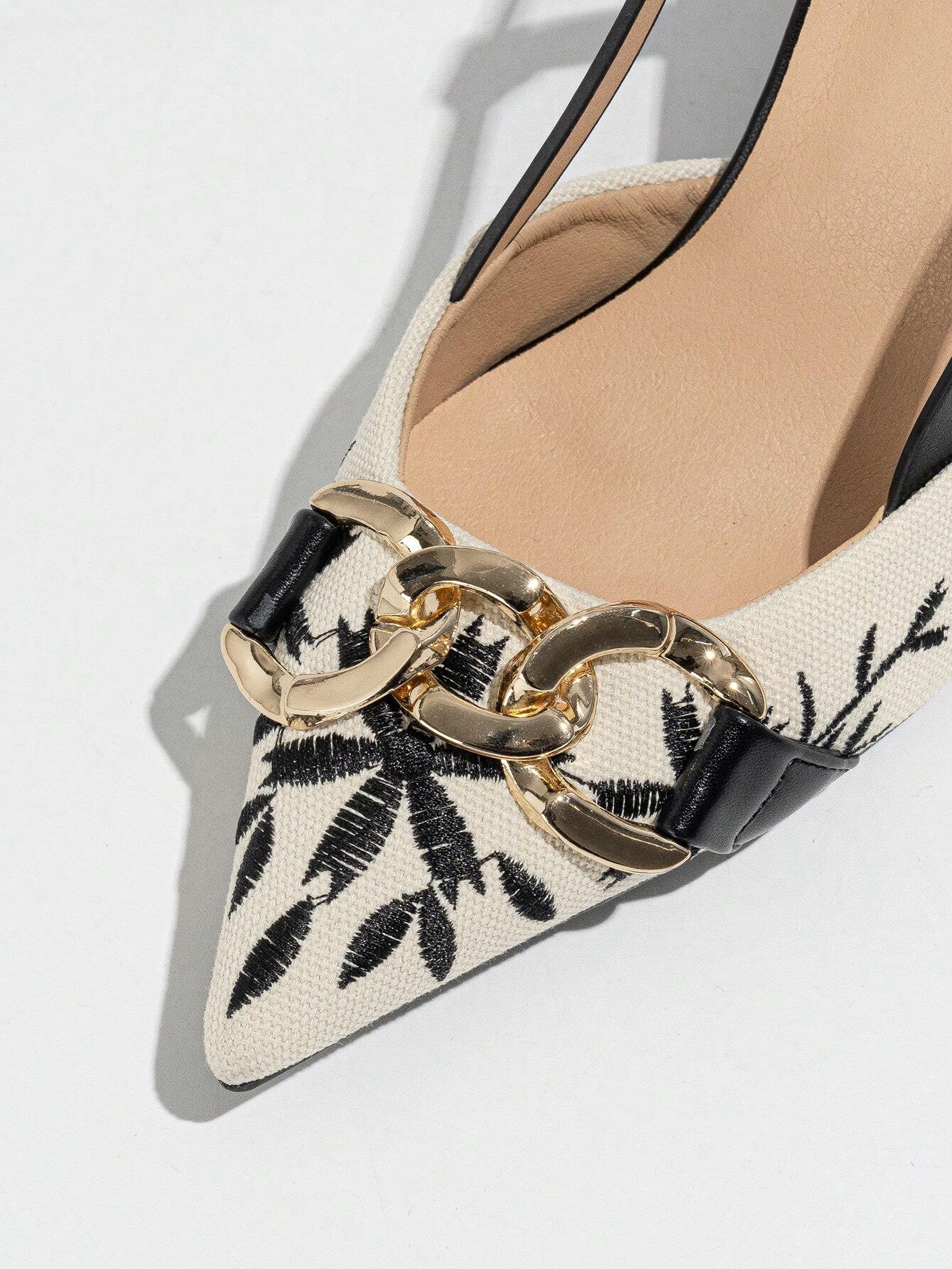 Elegant Embroidered Chain Pointed Toe Slip-On High Heel Sandals