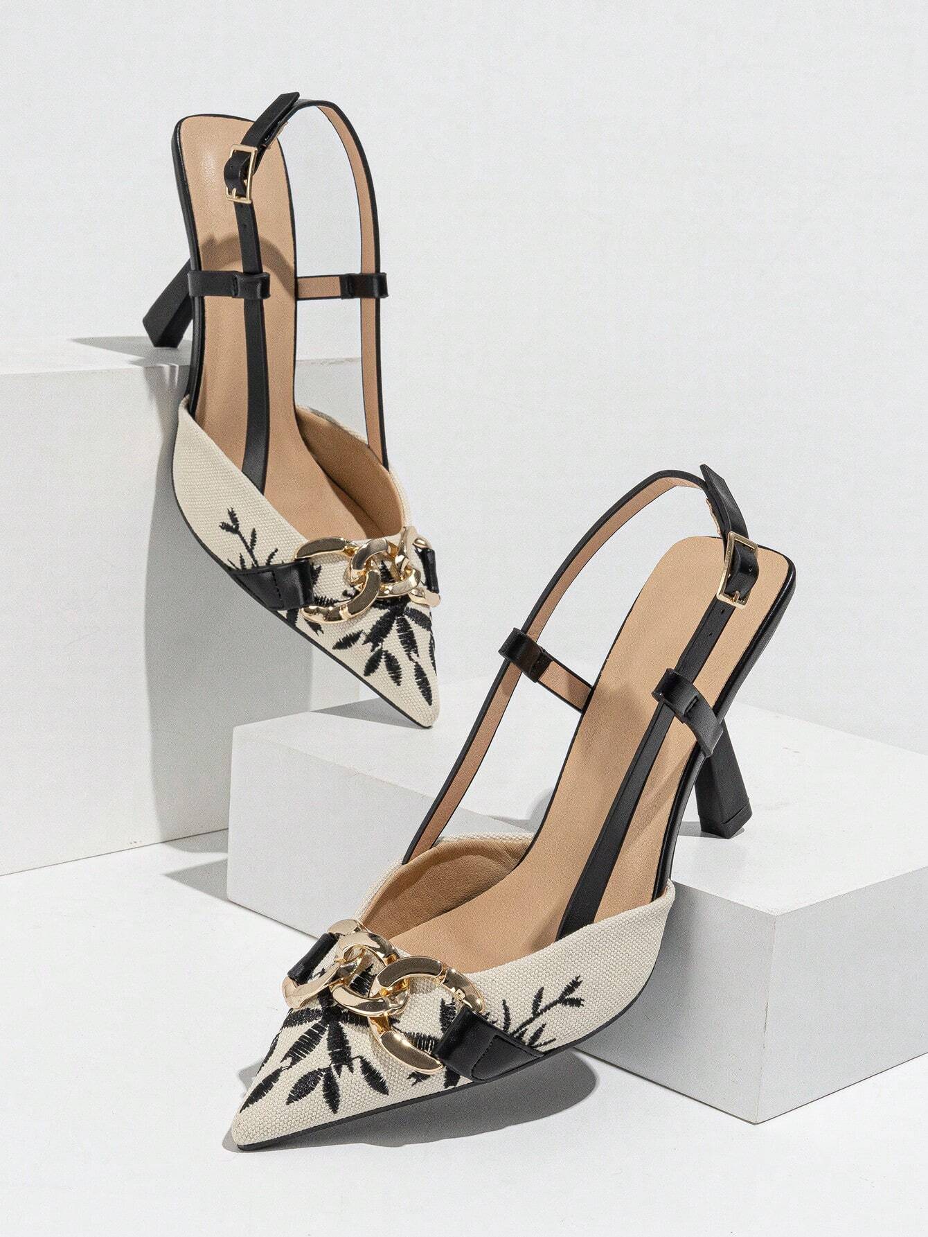 Elegant Embroidered Chain Pointed Toe Slip-On High Heel Sandals