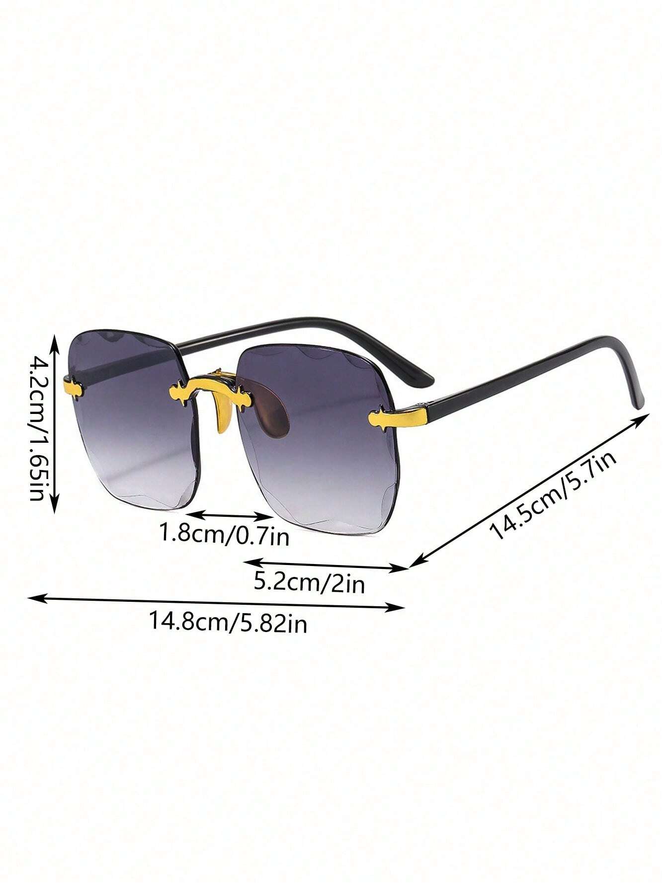 Sunglasses with dimensions labeled on a white background