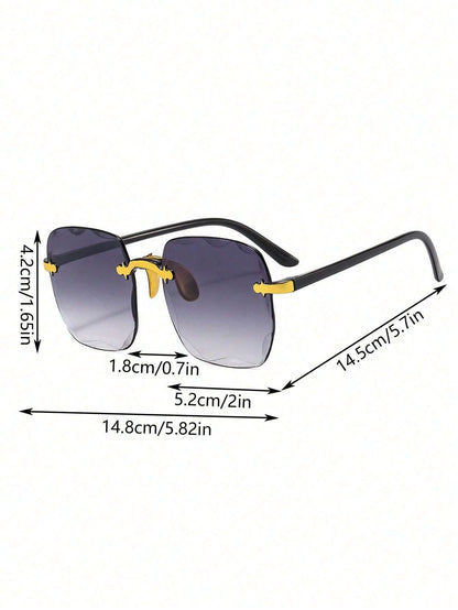 Sunglasses with dimensions labeled on a white background