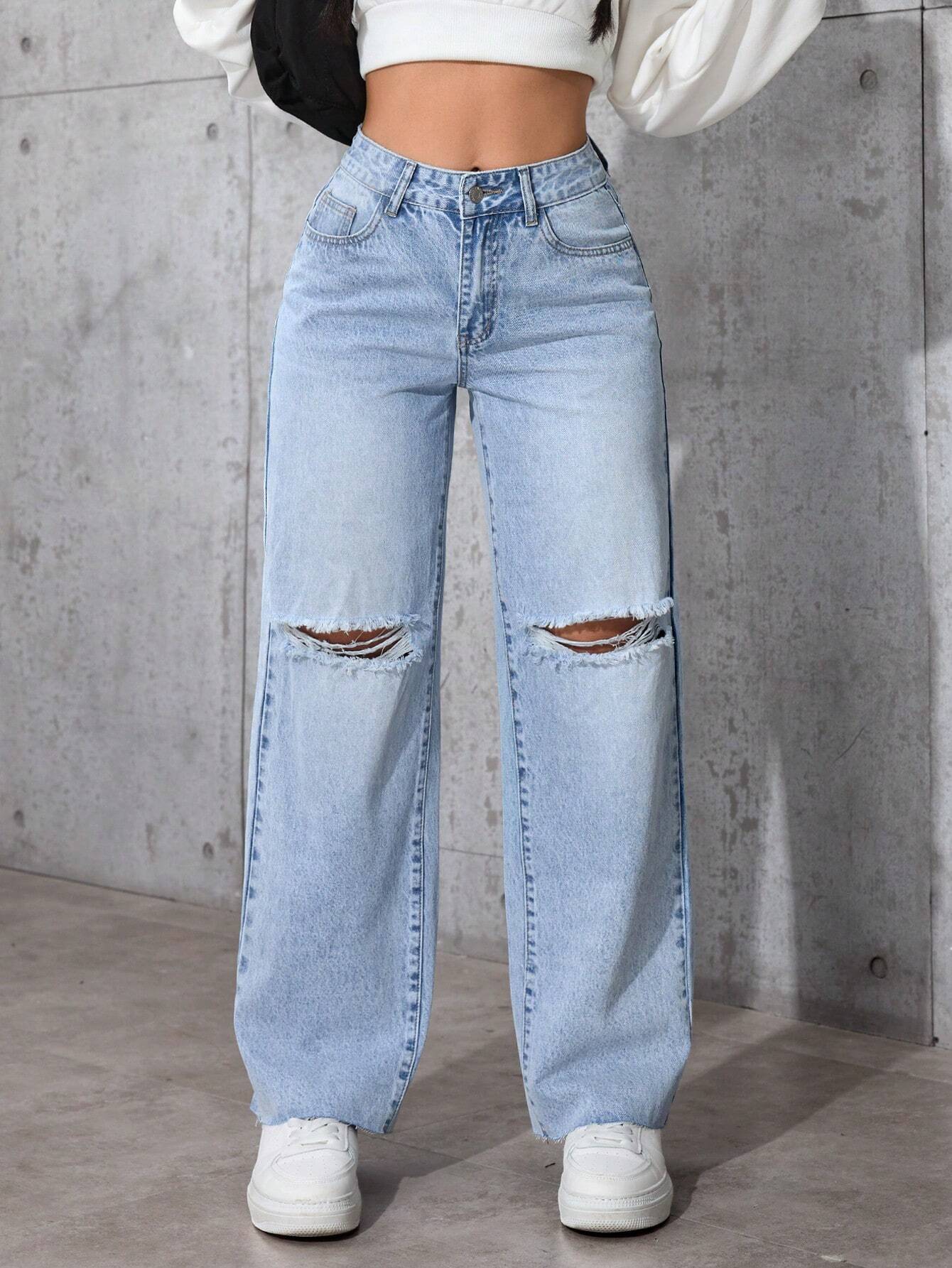 Casual Distressed Straight-Leg Jeans