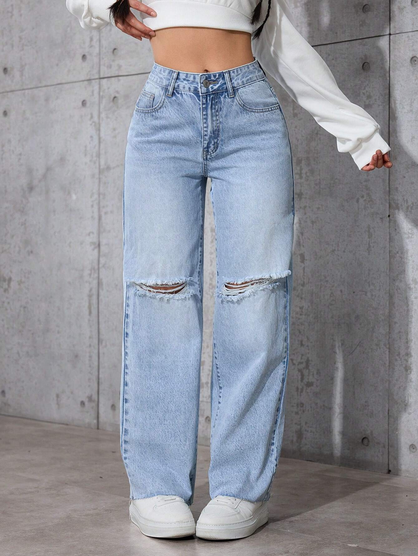 Casual Distressed Straight-Leg Jeans