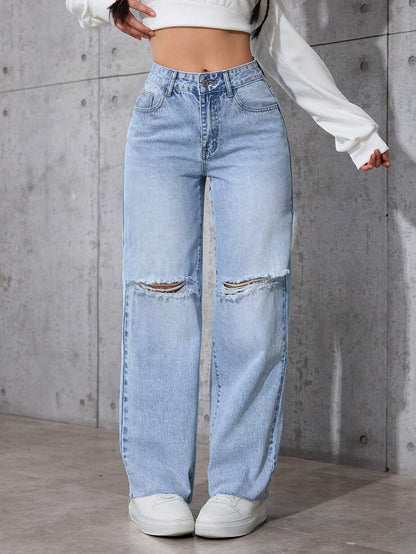 Casual Distressed Straight-Leg Jeans