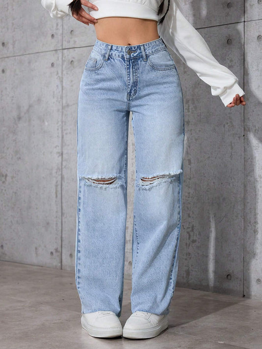 Casual Distressed Straight-Leg Jeans