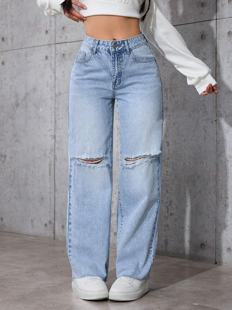 Casual Distressed Straight-Leg Jeans