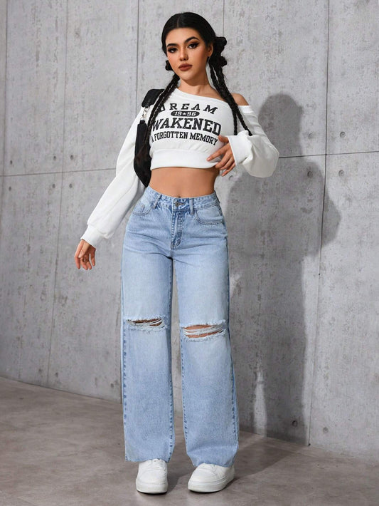 Casual Distressed Straight-Leg Jeans
