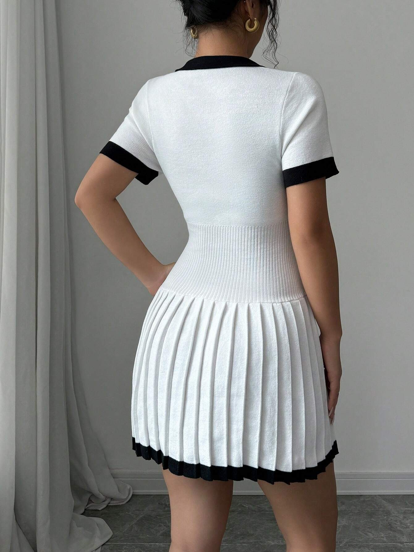 V-Neck Pleated Knit Sweater Dress