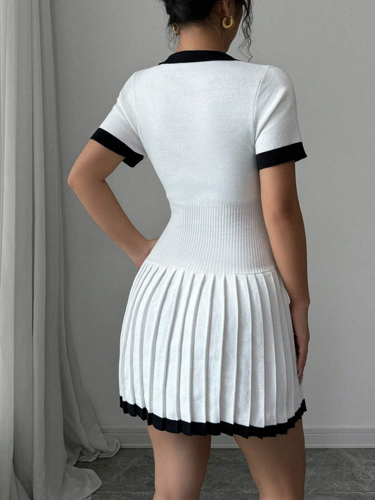 V-Neck Pleated Knit Sweater Dress