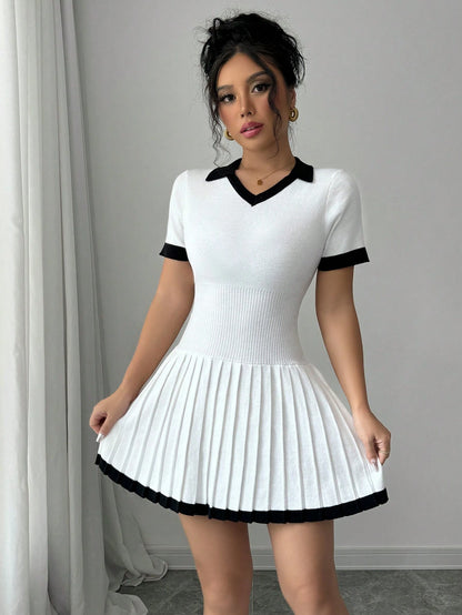 V-Neck Pleated Knit Sweater Dress