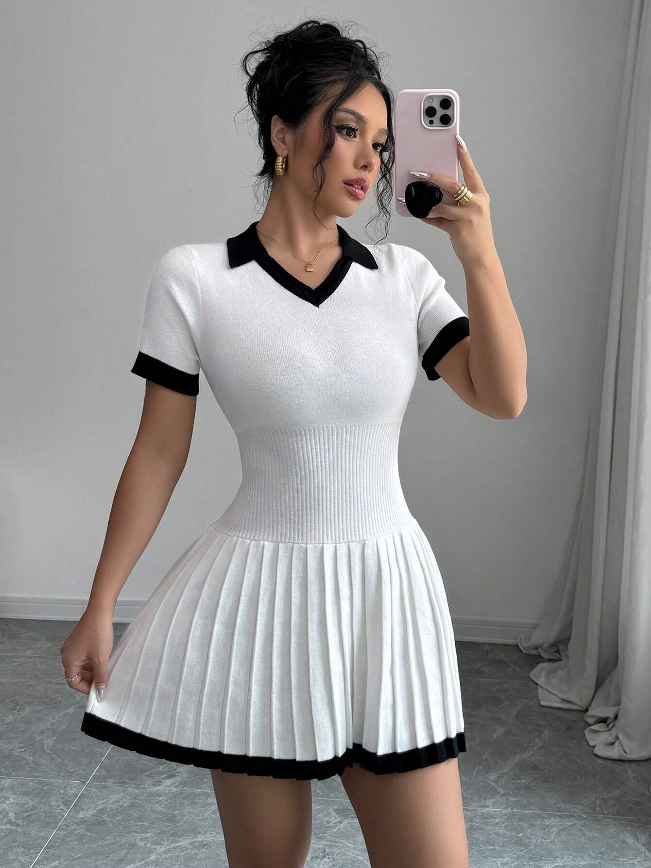 V-Neck Pleated Knit Sweater Dress