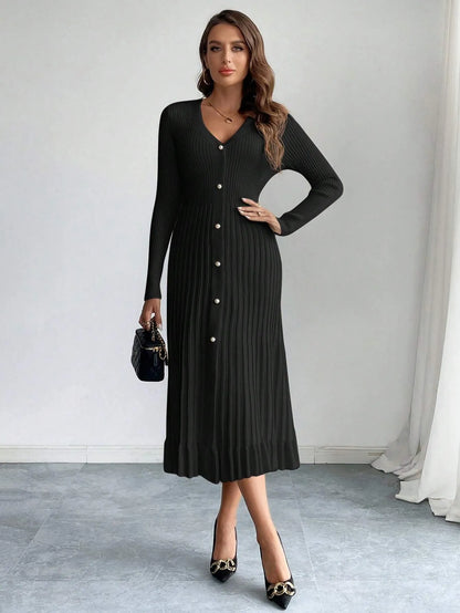 V-Neck Ruffle Hem Knit Sweater Dress