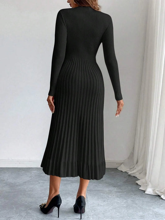 V-Neck Ruffle Hem Knit Sweater Dress