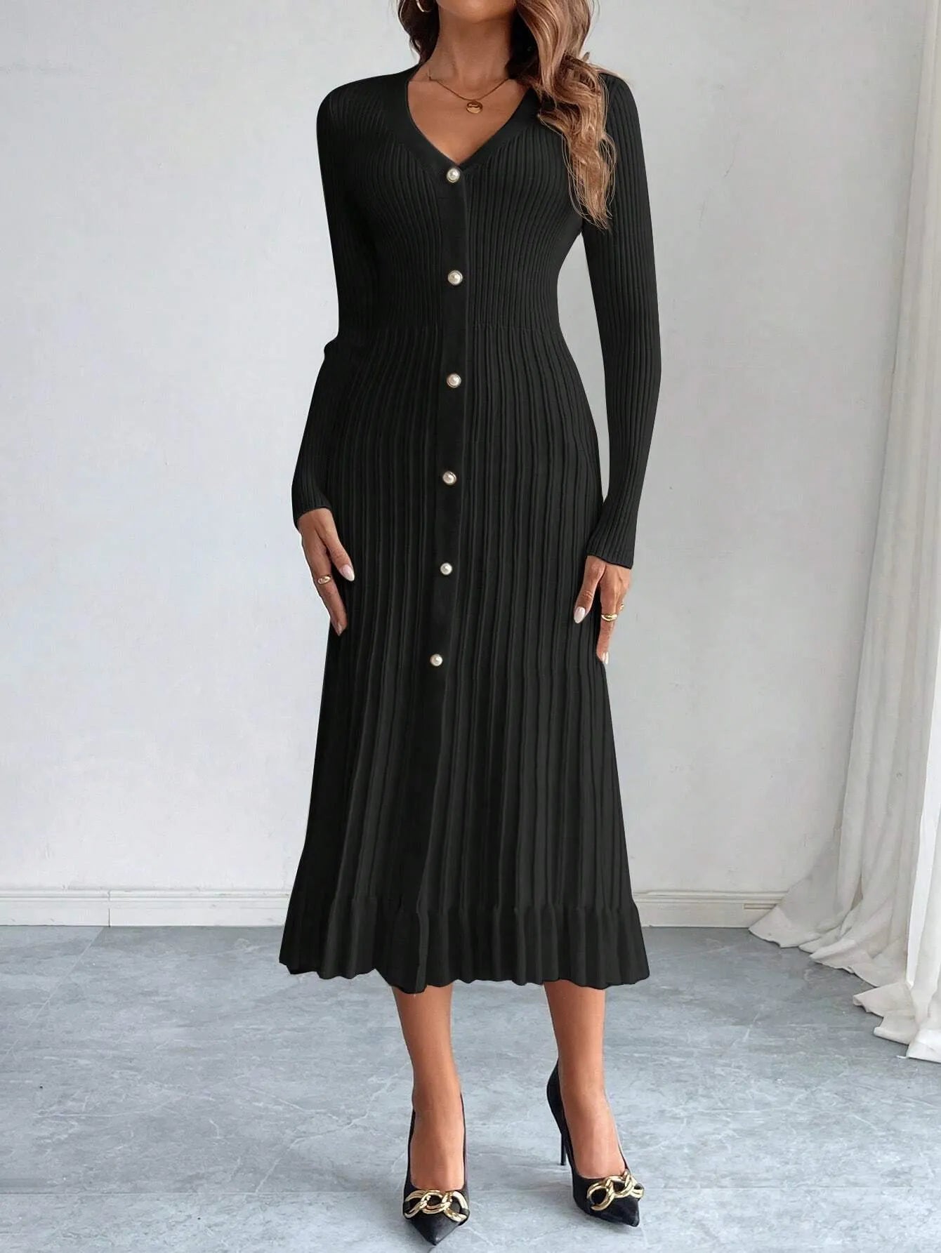 V-Neck Ruffle Hem Knit Sweater Dress