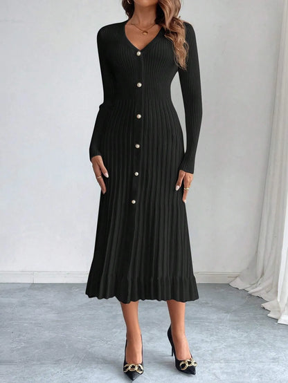 V-Neck Ruffle Hem Knit Sweater Dress