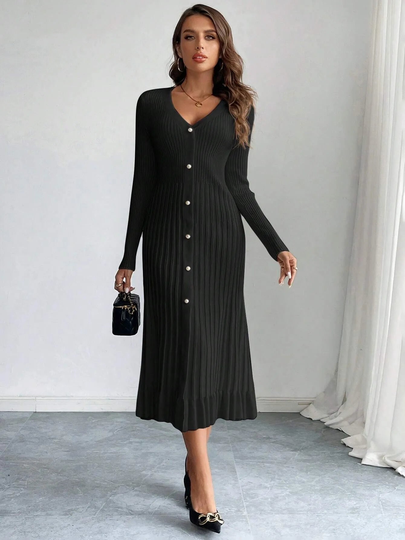 V-Neck Ruffle Hem Knit Sweater Dress